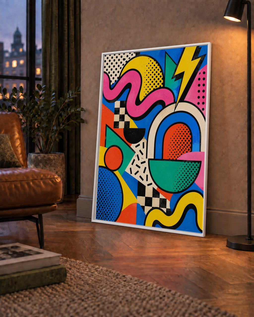 Renkli Geometrik Soyut Desen Pop-Art Poster Baskısı — çerçeveli hâliyle bir ev duvarında