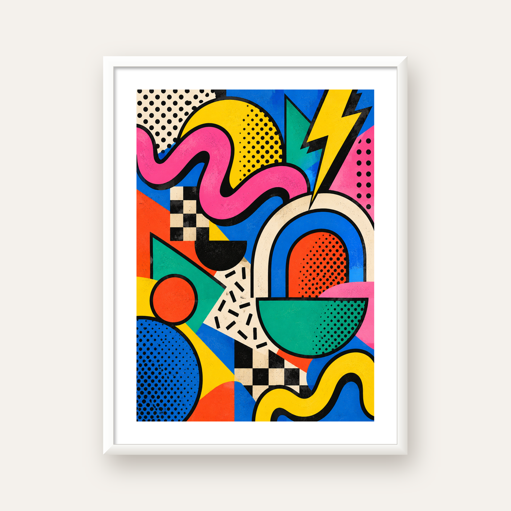 Renkli Geometrik Soyut Desen Pop-Art Poster Baskısı — beyaz çerçeveli dikey poster