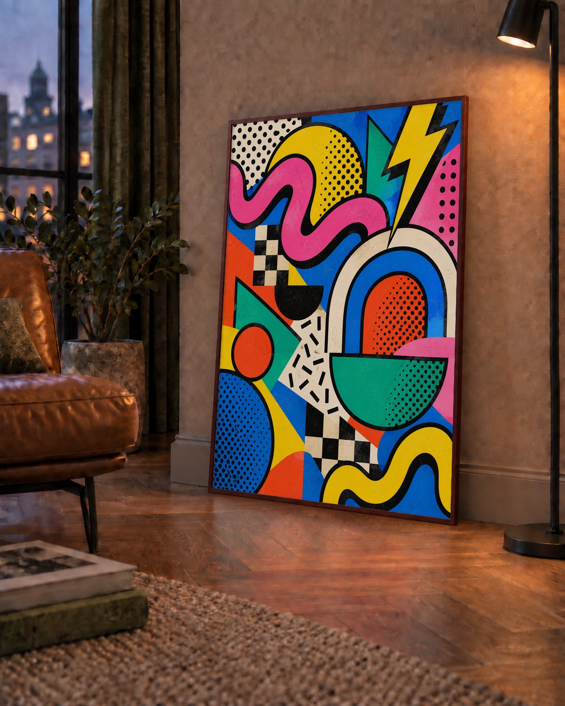 Renkli Geometrik Soyut Desen Pop-Art Poster Baskısı — çerçeveli hâliyle bir ev duvarında