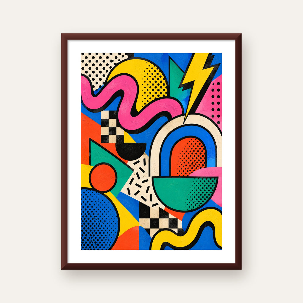 Renkli Geometrik Soyut Desen Pop-Art Poster Baskısı — ceviz çerçeveli paspartulu