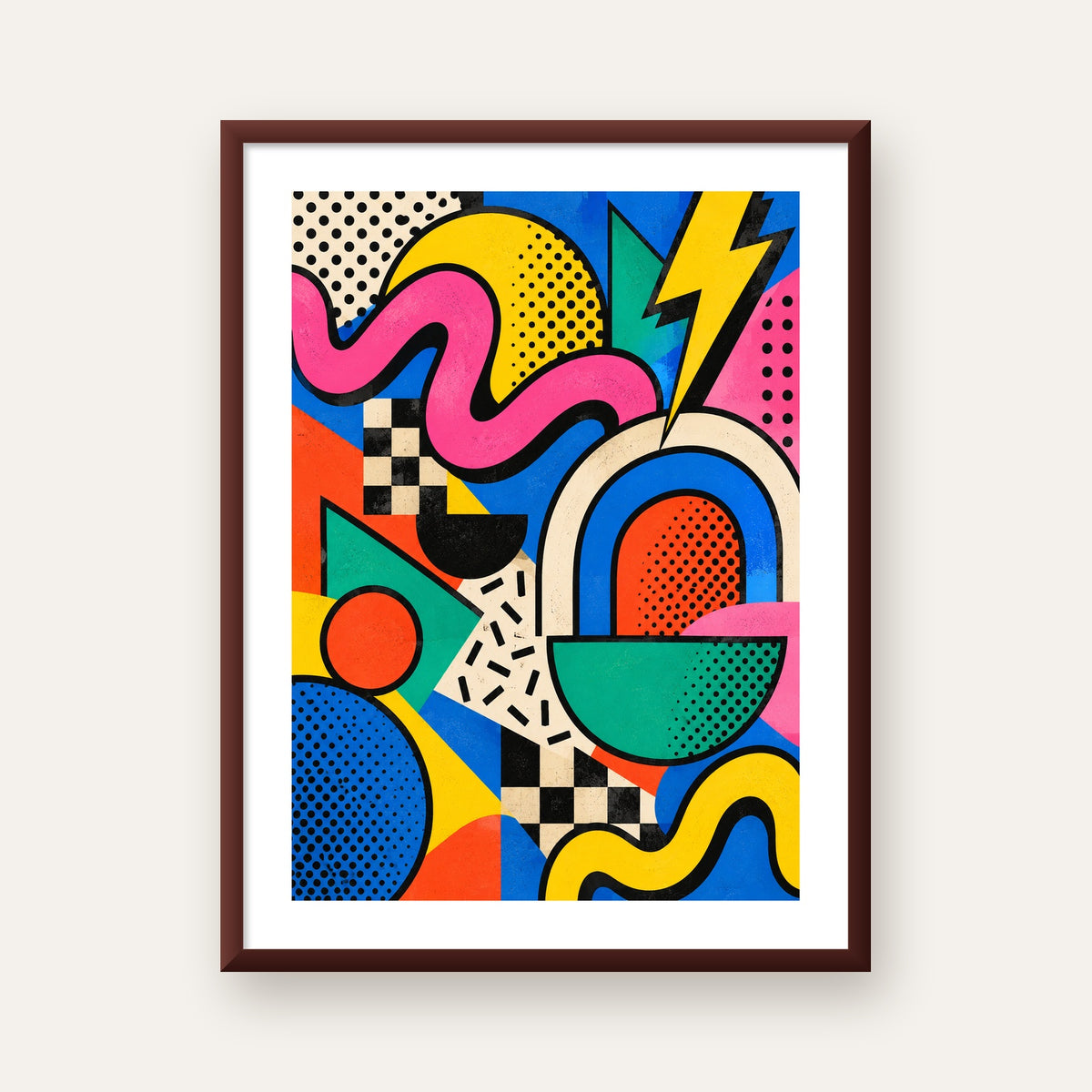 Renkli Geometrik Soyut Desen Pop-Art Poster Baskısı — ceviz çerçeveli paspartulu