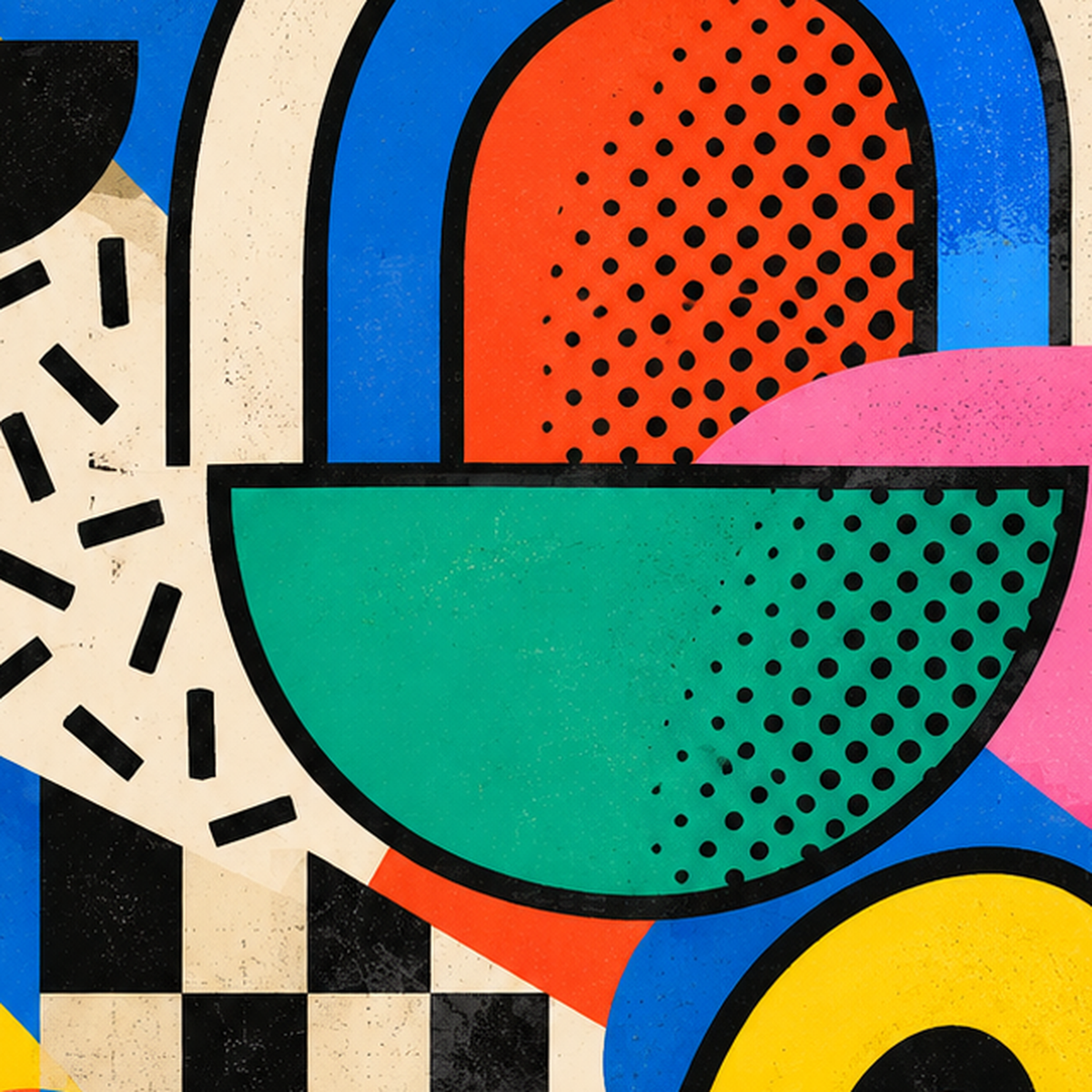 Renkli Geometrik Soyut Desen Pop-Art Poster Baskısı — baskının yakın çekimi, kâğıt dokusu ve renk detayı