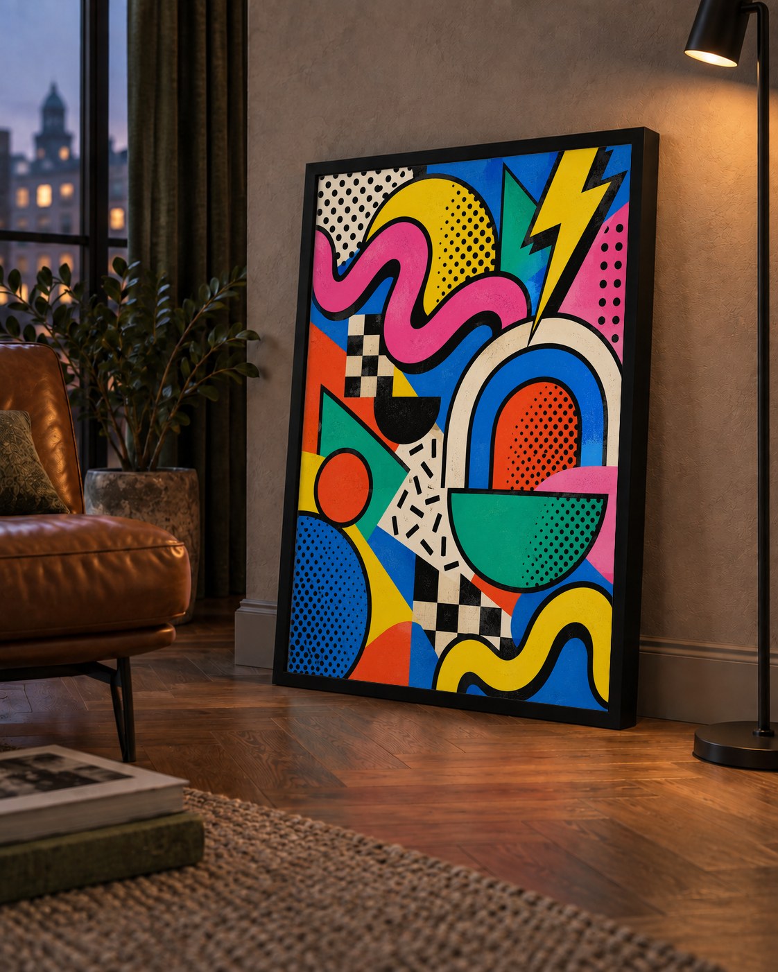 Renkli Geometrik Soyut Desen Pop-Art Poster Baskısı — çerçeveli hâliyle bir ev duvarında