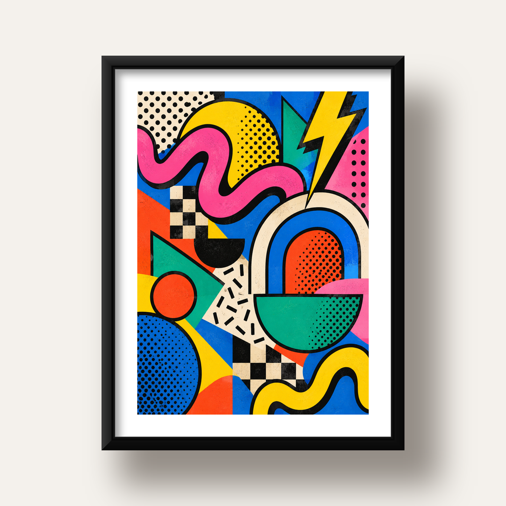 Renkli Geometrik Soyut Desen Pop-Art Poster Baskısı — siyah derin çerçeveli paspartulu