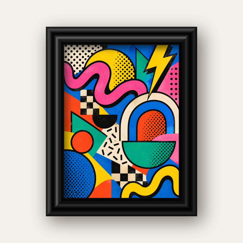 Renkli Geometrik Soyut Desen Pop-Art Poster Baskısı — siyah galeri çerçeveli
