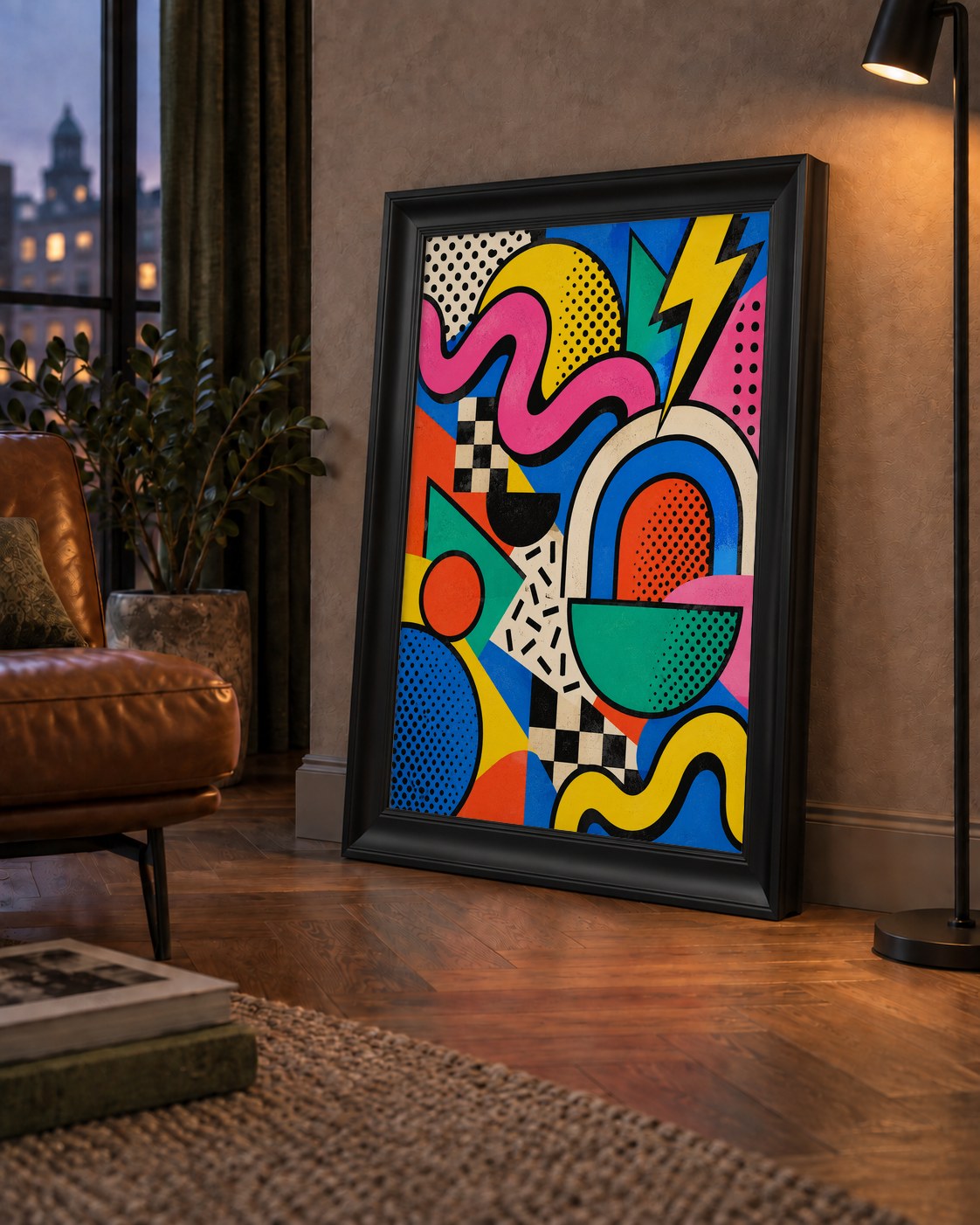 Renkli Geometrik Soyut Desen Pop-Art Poster Baskısı — çerçeveli hâliyle bir ev duvarında
