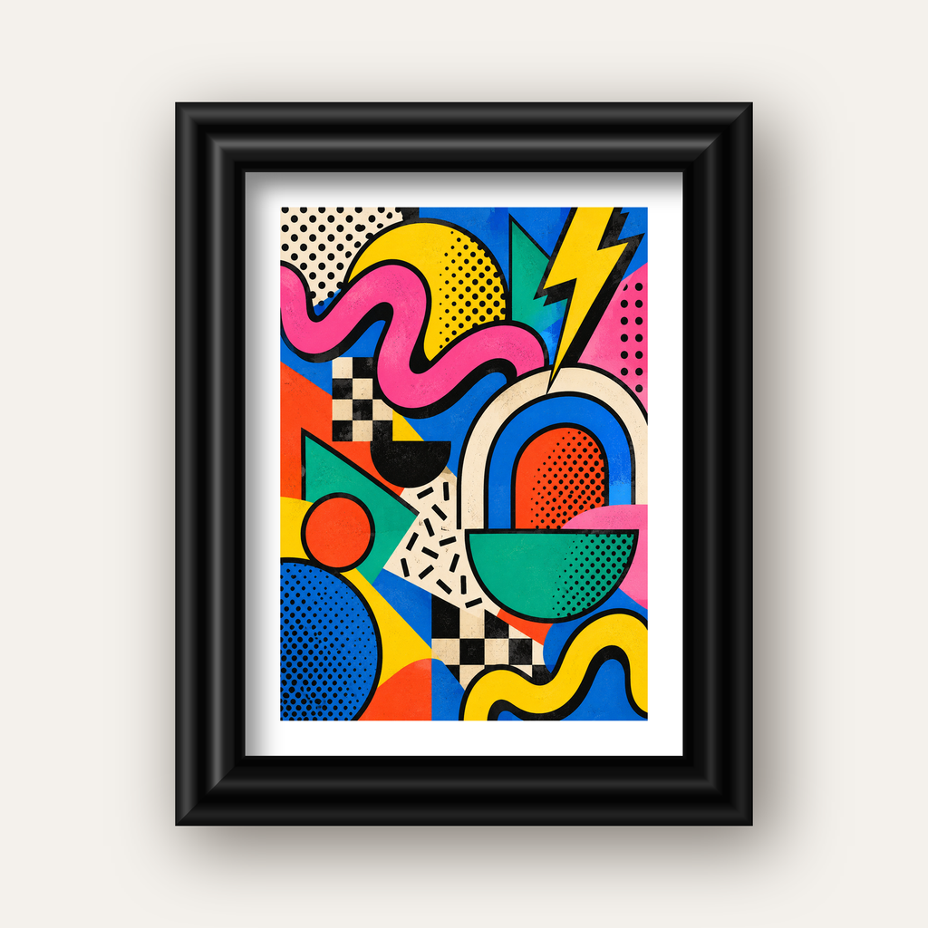 Renkli Geometrik Soyut Desen Pop-Art Poster Baskısı — siyah galeri çerçeveli paspartulu