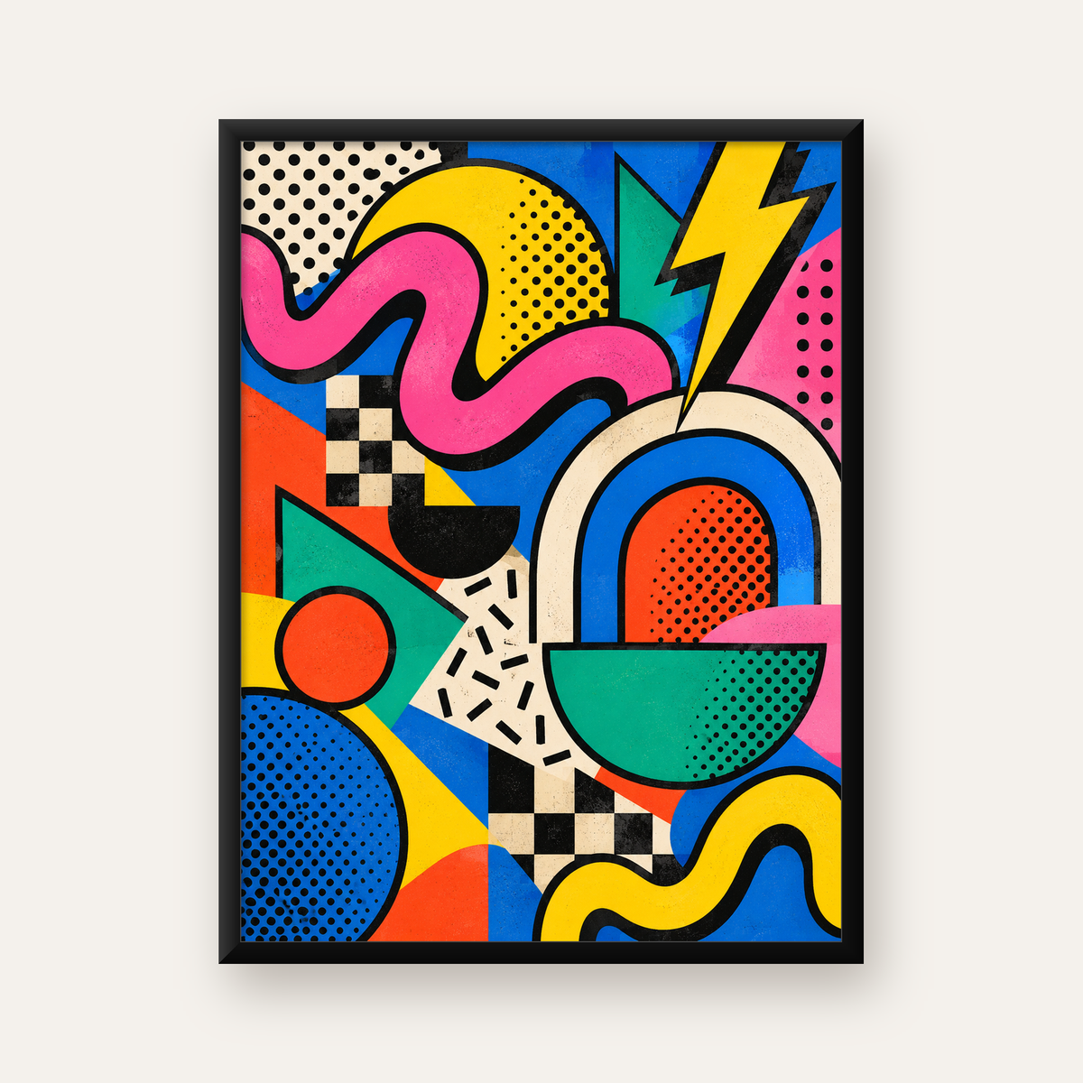 Renkli Geometrik Soyut Desen Pop-Art Poster Baskısı — Dikey baskı, düz siyah çerçeveli duvar posteri