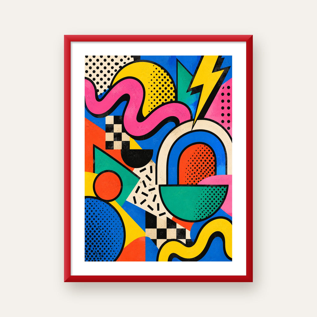 Renkli Geometrik Soyut Desen Pop-Art Poster Baskısı — kırmızı çerçeveli paspartulu