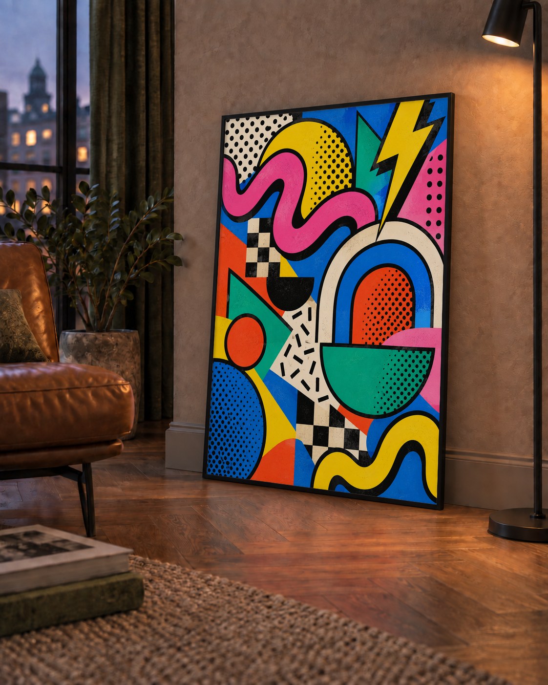 Renkli Geometrik Soyut Desen Pop-Art Poster Baskısı — çerçeveli hâliyle bir ev duvarında