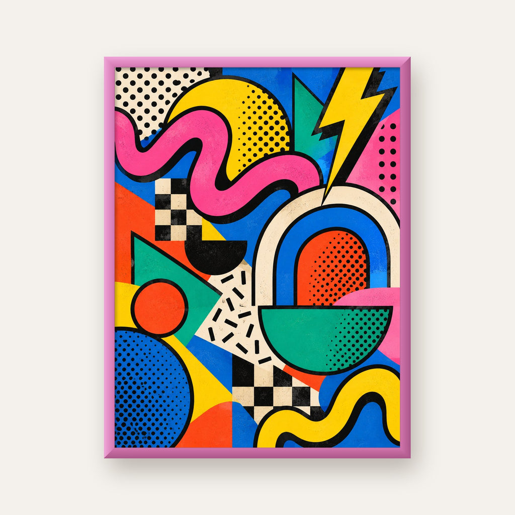 Renkli Geometrik Soyut Desen Pop-Art Poster Baskısı — pembe çerçeveli
