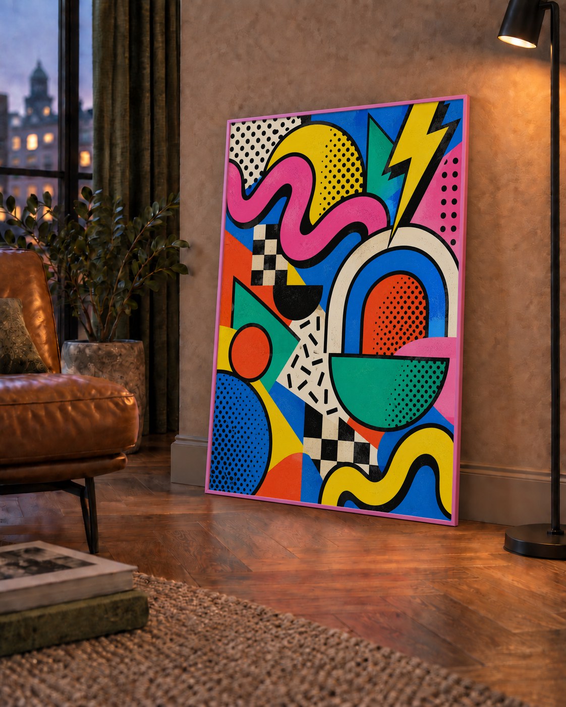 Renkli Geometrik Soyut Desen Pop-Art Poster Baskısı — çerçeveli hâliyle bir ev duvarında