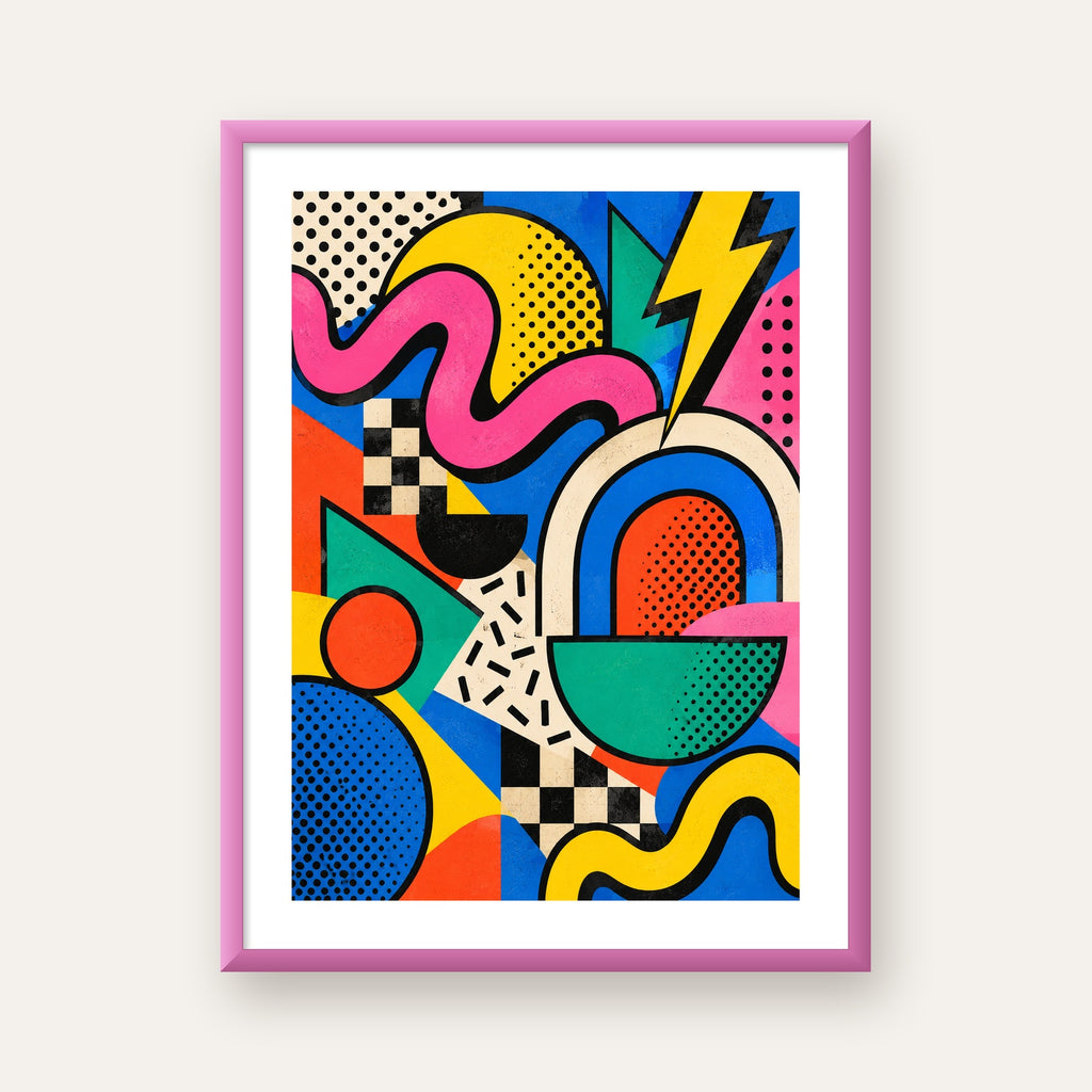 Renkli Geometrik Soyut Desen Pop-Art Poster Baskısı — pembe çerçeveli paspartulu