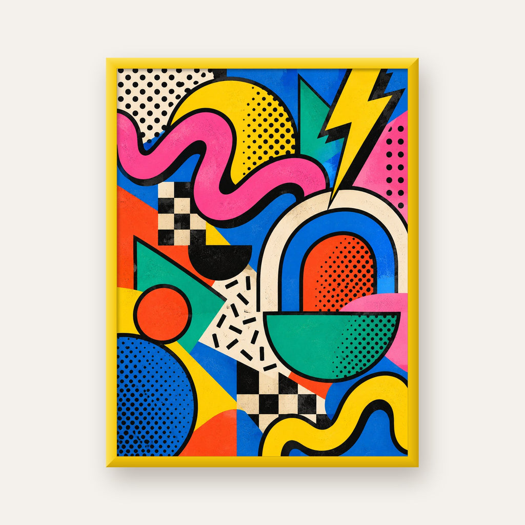 Renkli Geometrik Soyut Desen Pop-Art Poster Baskısı — sarı çerçeveli