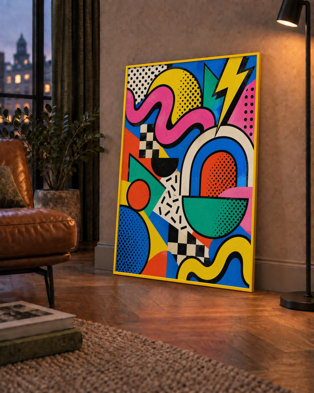 Renkli Geometrik Soyut Desen Pop-Art Poster Baskısı — çerçeveli hâliyle bir ev duvarında