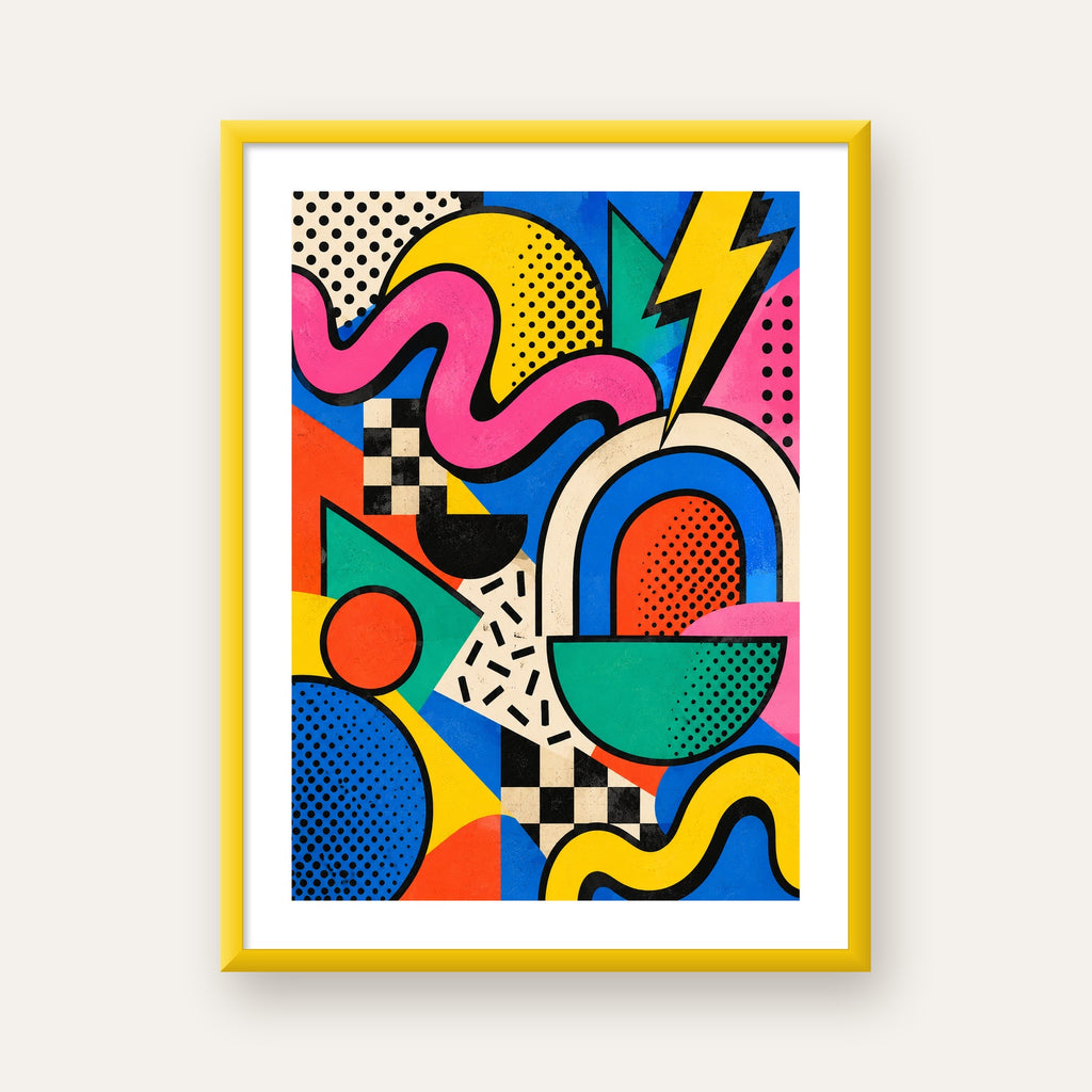 Renkli Geometrik Soyut Desen Pop-Art Poster Baskısı — sarı çerçeveli paspartulu