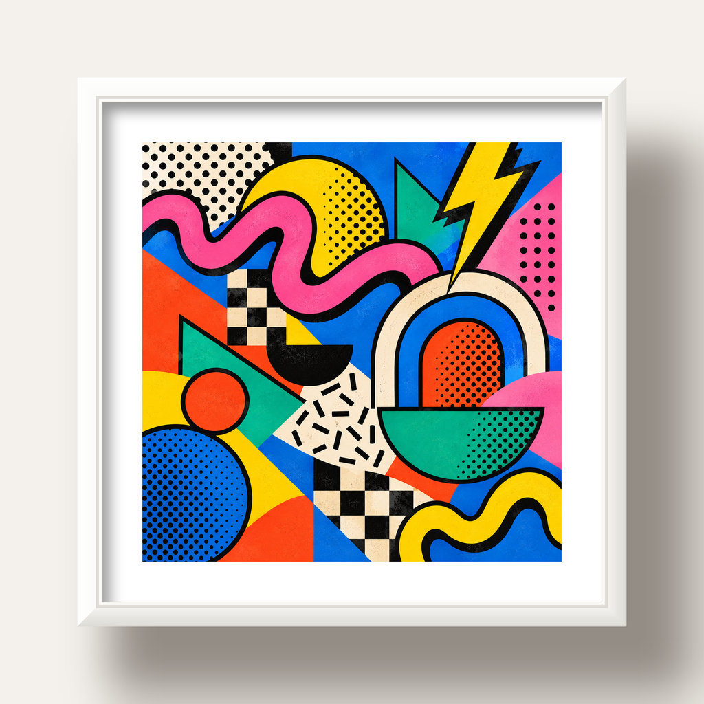 Renkli Geometrik Soyut Desen Pop-Art Poster Baskısı — beyaz derin çerçeveli paspartulu