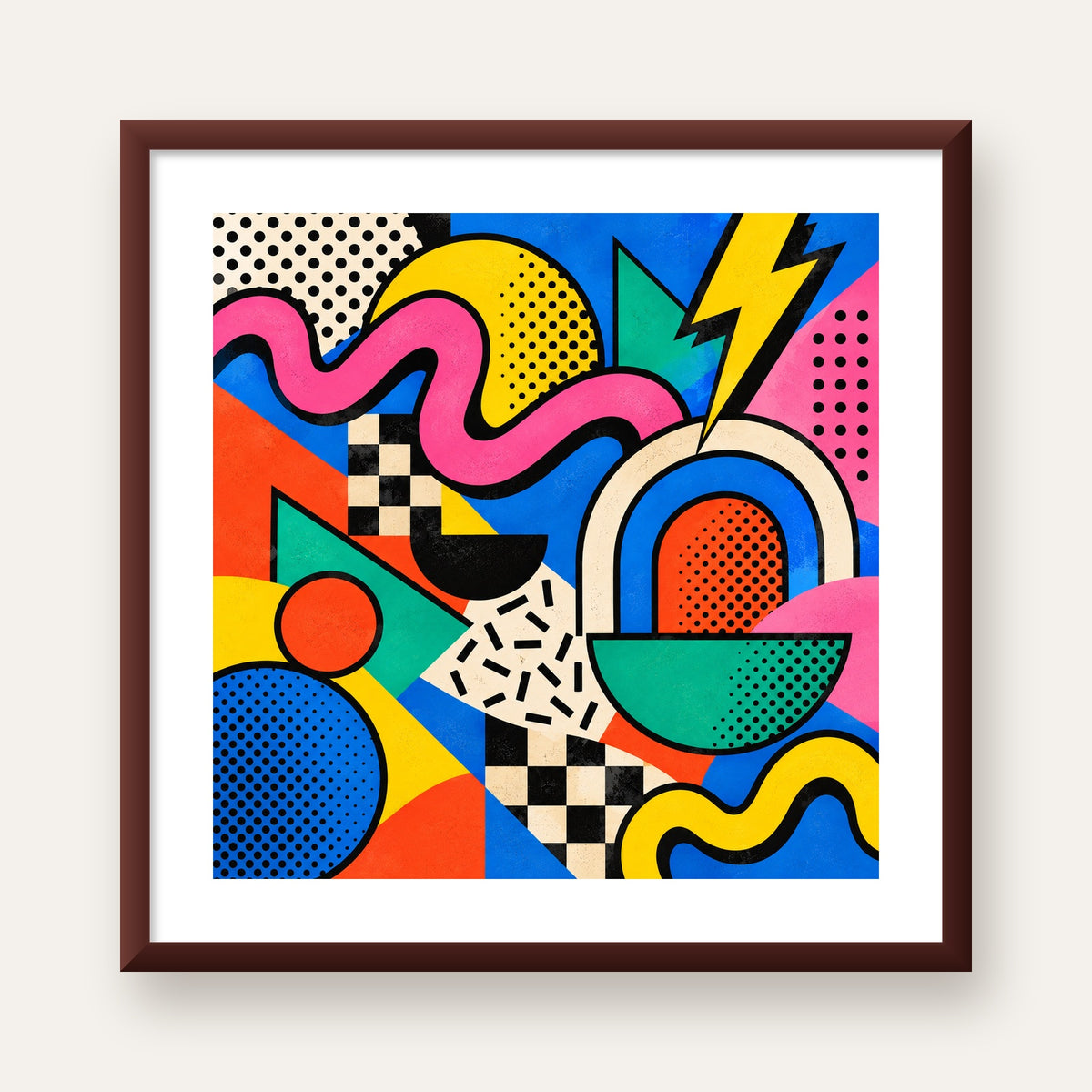 Renkli Geometrik Soyut Desen Pop-Art Poster Baskısı — ceviz çerçeveli paspartulu