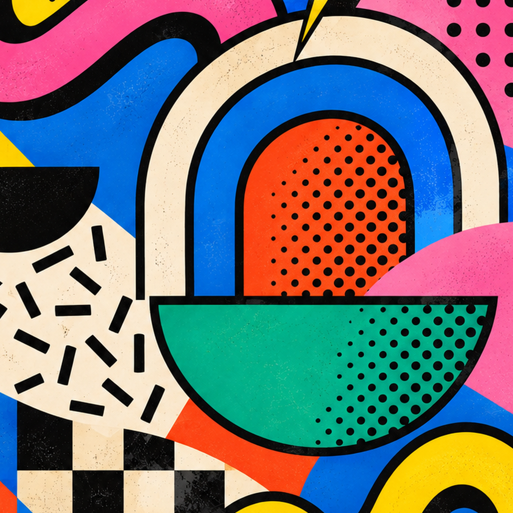 Renkli Geometrik Soyut Desen Pop-Art Poster Baskısı — baskının yakın çekimi, kâğıt dokusu ve renk detayı