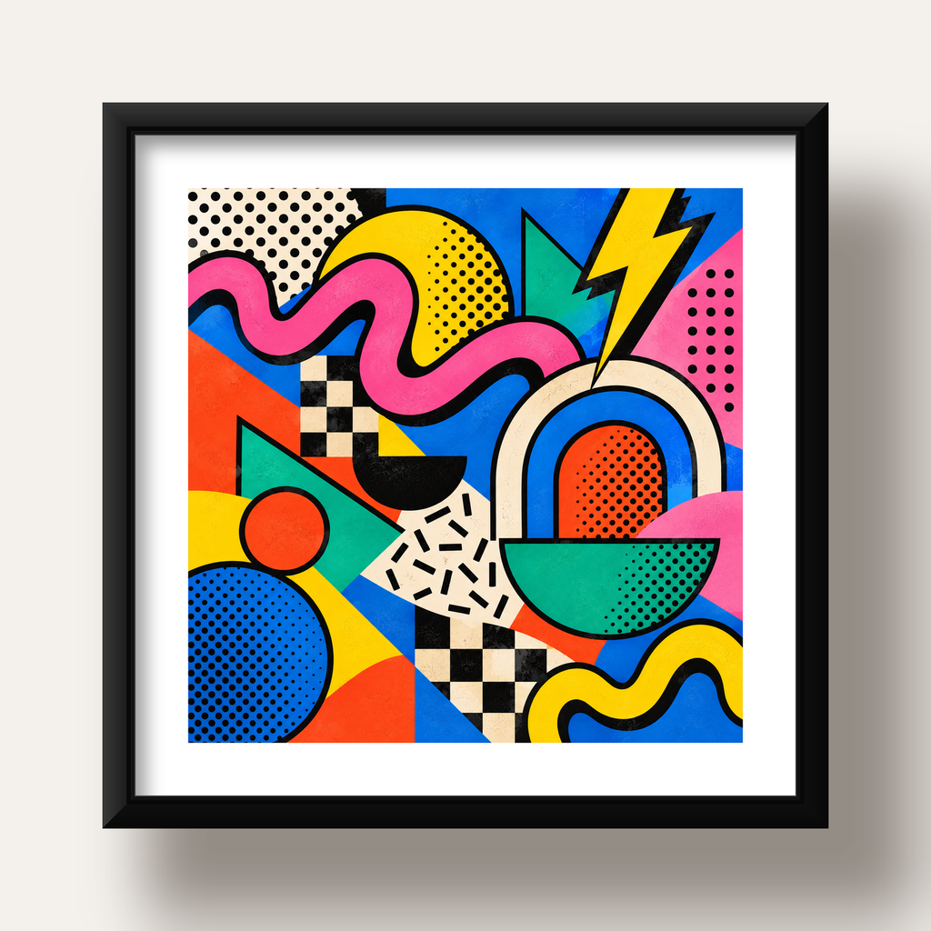 Renkli Geometrik Soyut Desen Pop-Art Poster Baskısı — siyah derin çerçeveli paspartulu