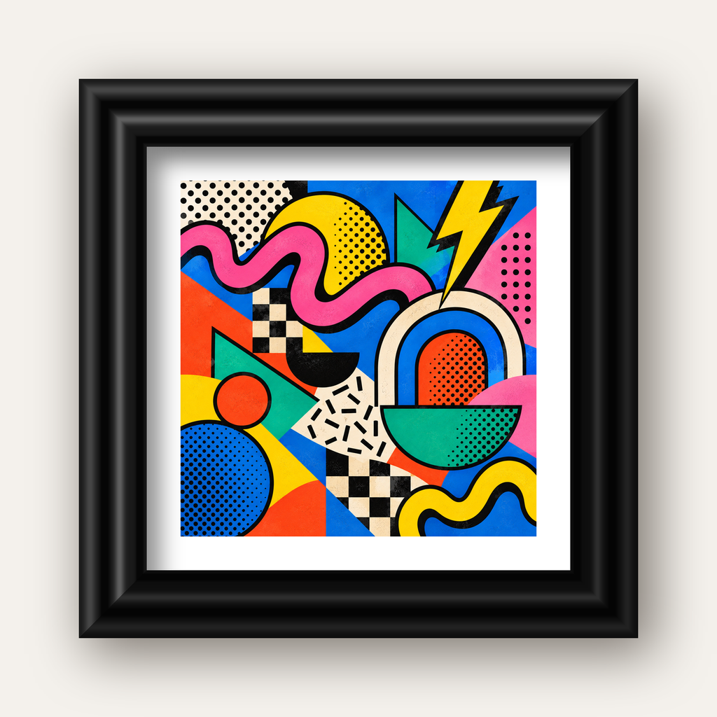 Renkli Geometrik Soyut Desen Pop-Art Poster Baskısı — siyah galeri çerçeveli paspartulu