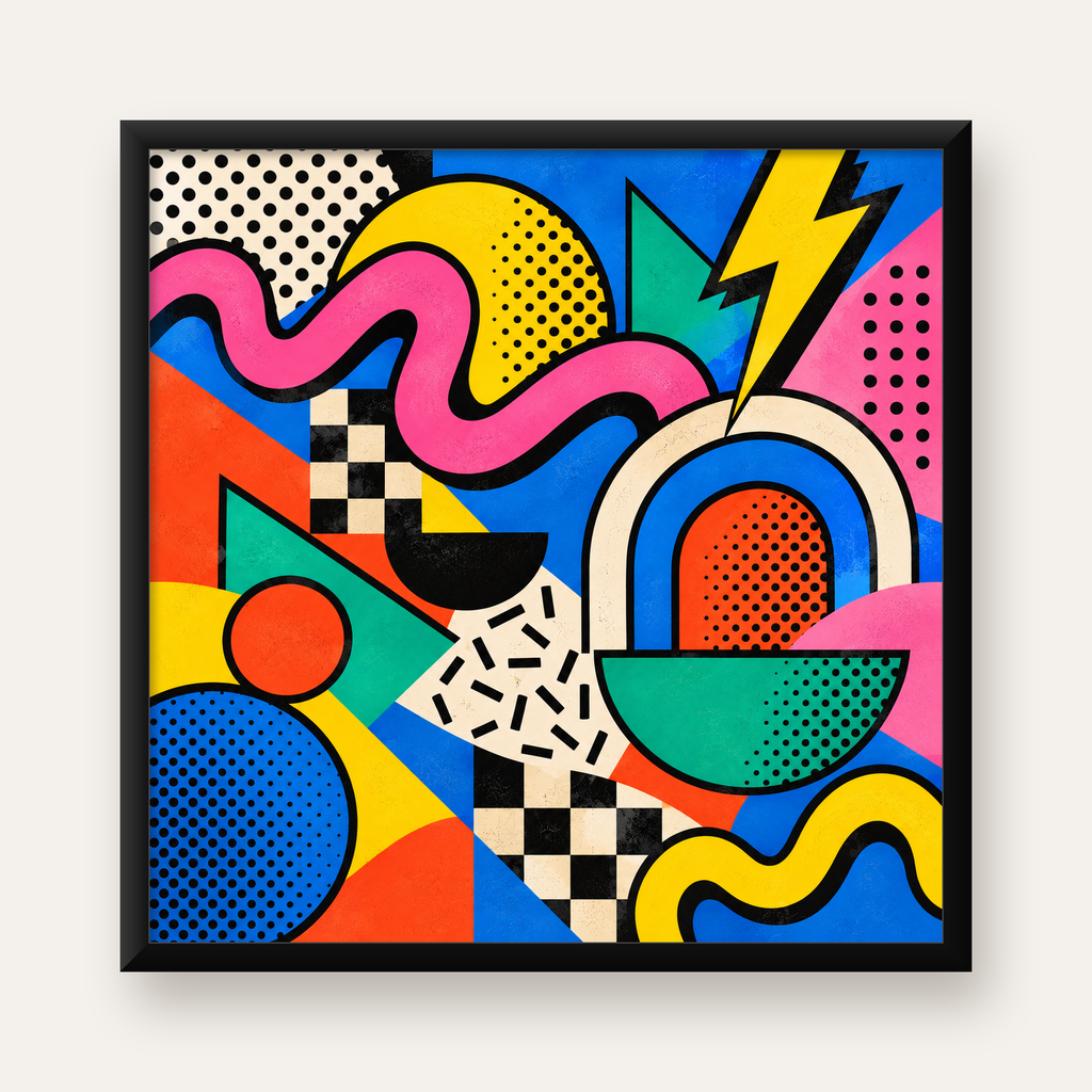 Renkli Geometrik Soyut Desen Pop-Art Poster Baskısı — Kare baskı, düz siyah çerçeveli duvar posteri