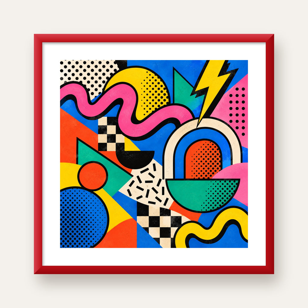 Renkli Geometrik Soyut Desen Pop-Art Poster Baskısı — kırmızı çerçeveli paspartulu