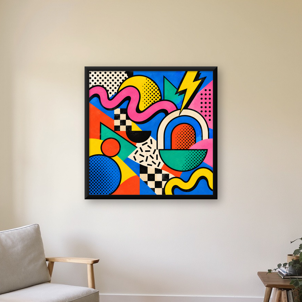 Renkli Geometrik Soyut Desen Pop-Art Poster Baskısı — Kare baskı, çerçeveli hâliyle bir ev duvarında