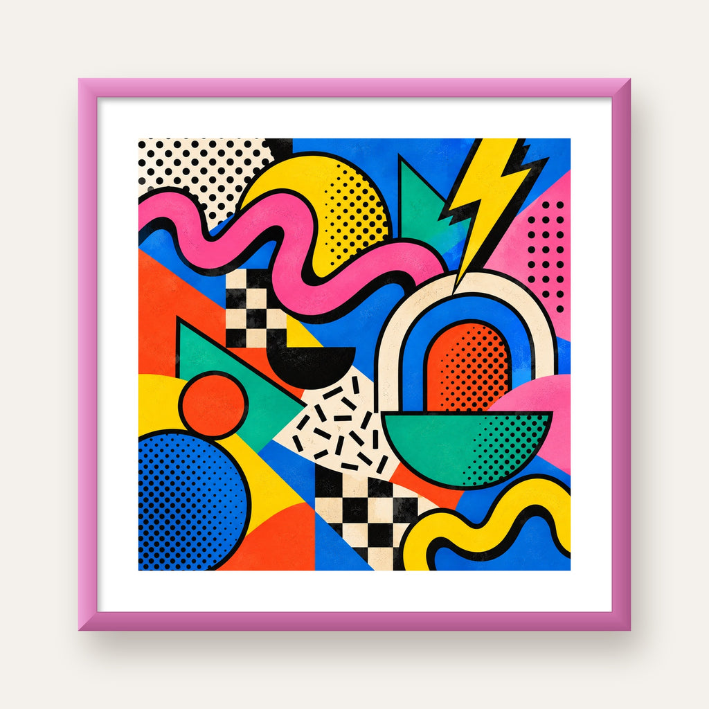 Renkli Geometrik Soyut Desen Pop-Art Poster Baskısı — pembe çerçeveli paspartulu