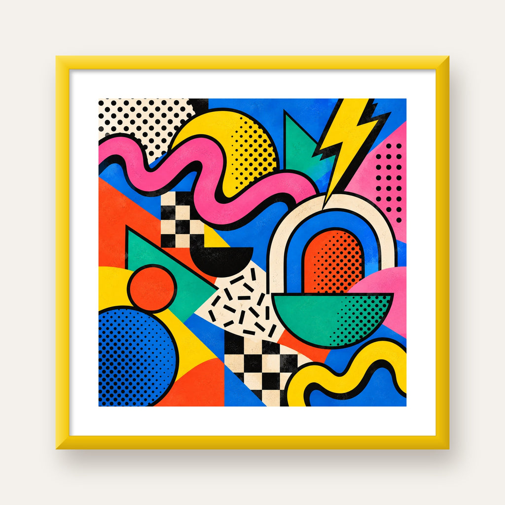 Renkli Geometrik Soyut Desen Pop-Art Poster Baskısı — sarı çerçeveli paspartulu