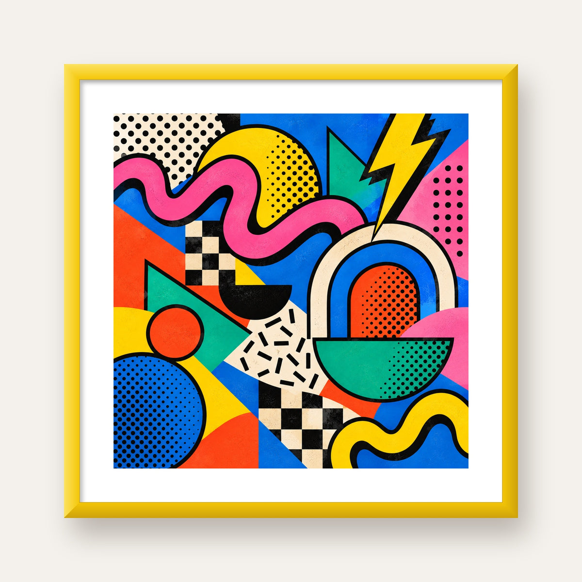 Renkli Geometrik Soyut Desen Pop-Art Poster Baskısı — sarı çerçeveli paspartulu