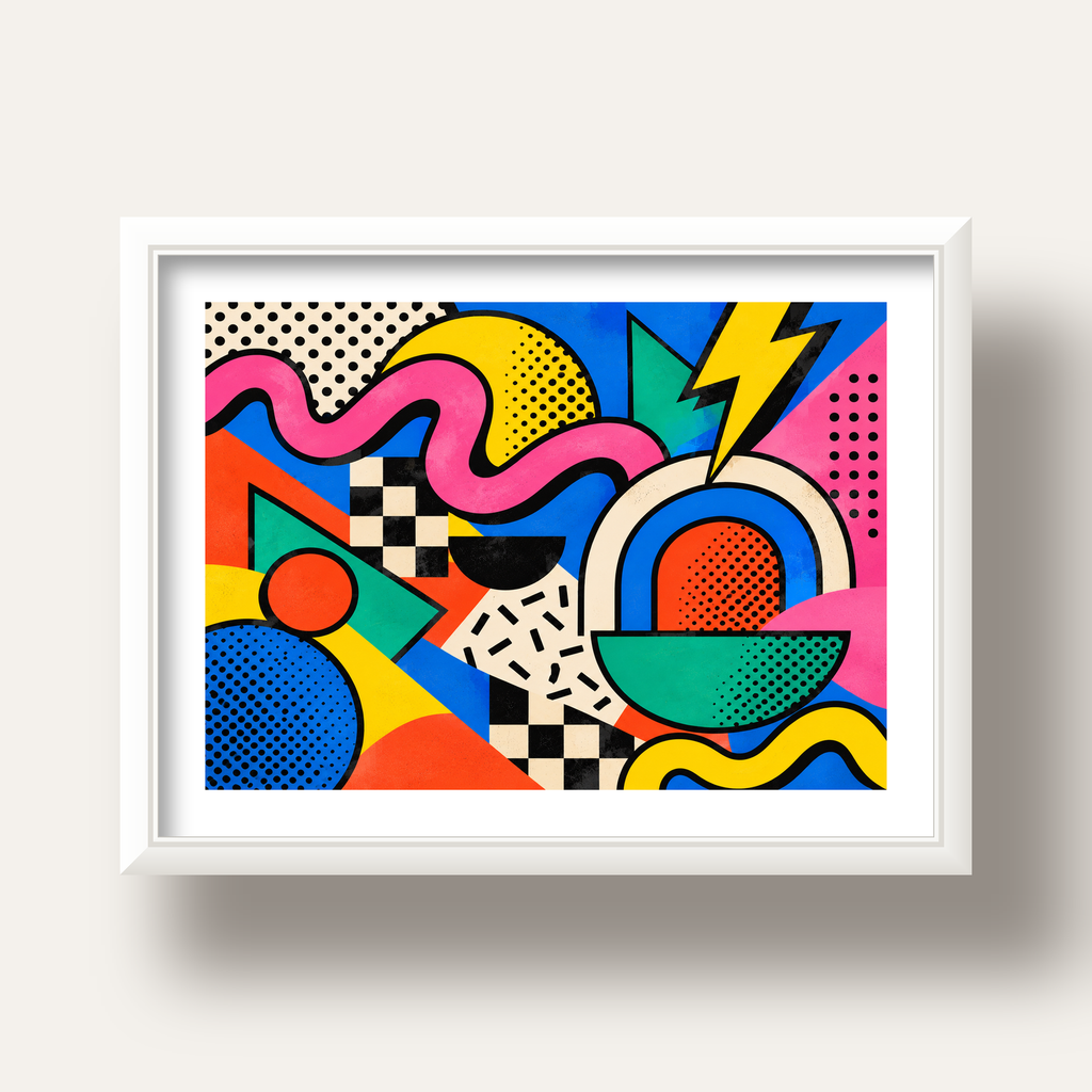 Renkli Geometrik Soyut Desen Pop-Art Poster Baskısı — beyaz derin çerçeveli paspartulu