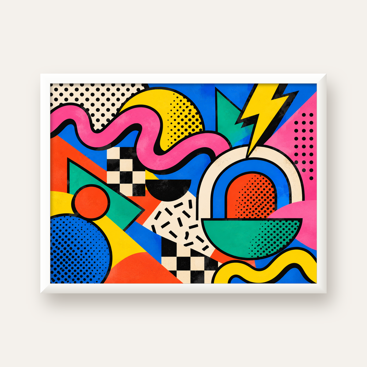 Renkli Geometrik Soyut Desen Pop-Art Poster Baskısı — beyaz çerçeveli yatay poster