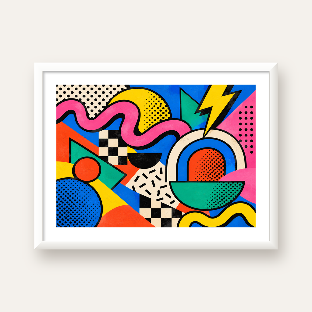 Renkli Geometrik Soyut Desen Pop-Art Poster Baskısı — beyaz çerçeveli yatay poster