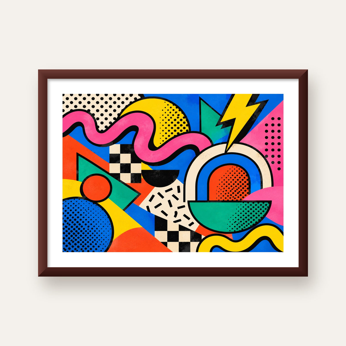 Renkli Geometrik Soyut Desen Pop-Art Poster Baskısı — ceviz çerçeveli paspartulu