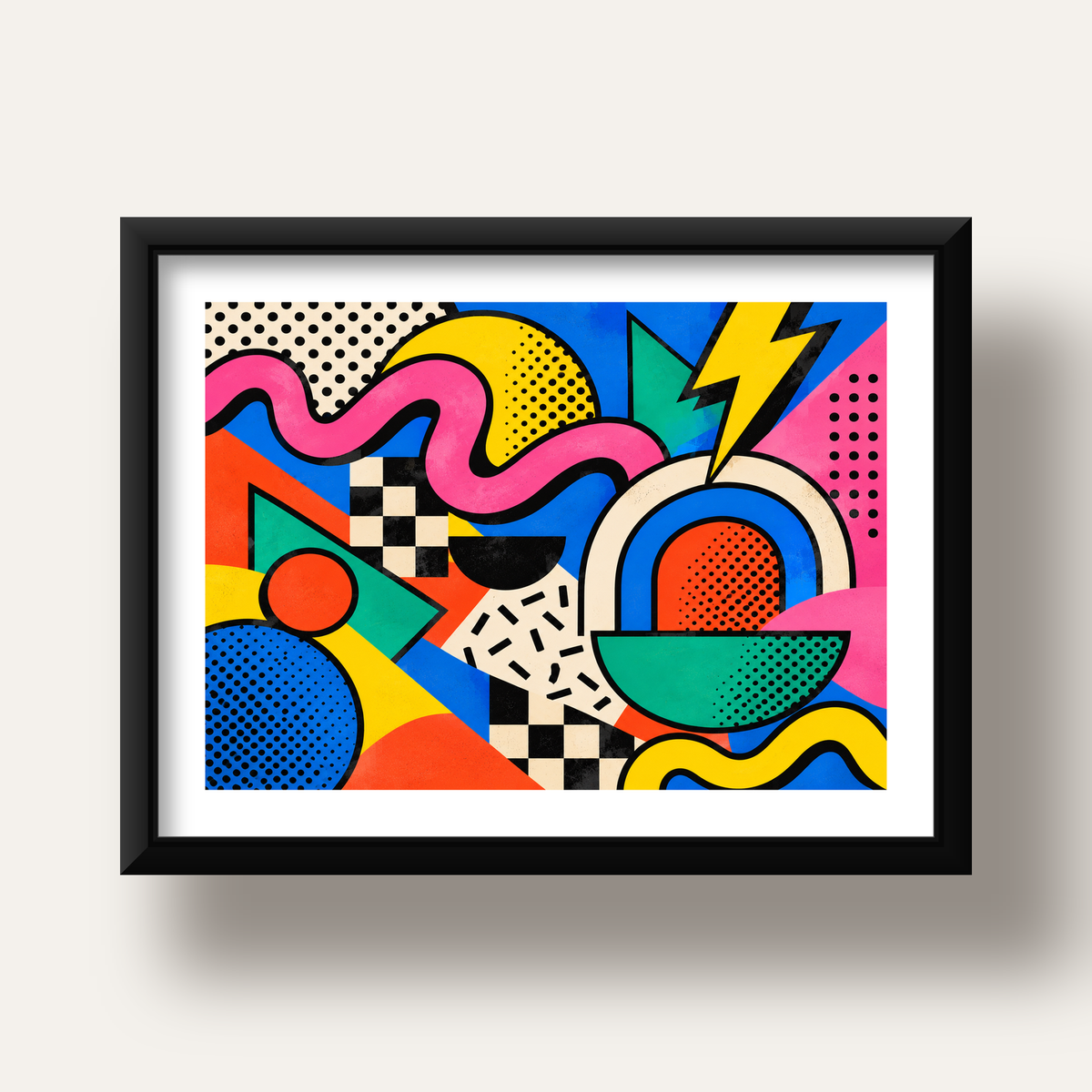 Renkli Geometrik Soyut Desen Pop-Art Poster Baskısı — siyah derin çerçeveli paspartulu