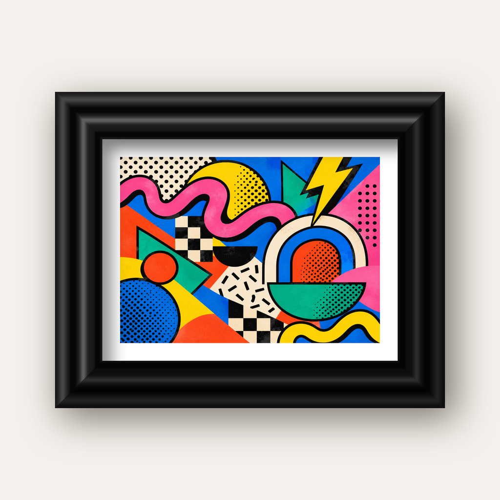 Renkli Geometrik Soyut Desen Pop-Art Poster Baskısı — siyah galeri çerçeveli paspartulu