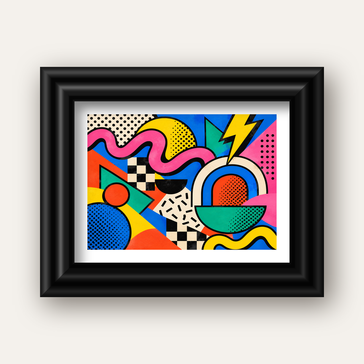 Renkli Geometrik Soyut Desen Pop-Art Poster Baskısı — siyah galeri çerçeveli paspartulu