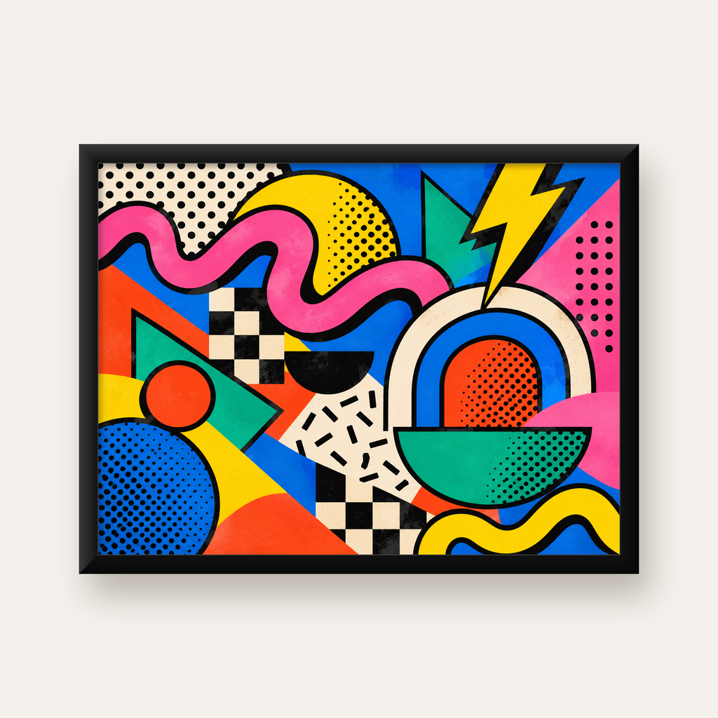 Renkli Geometrik Soyut Desen Pop-Art Poster Baskısı — Yatay baskı, düz siyah çerçeveli duvar posteri