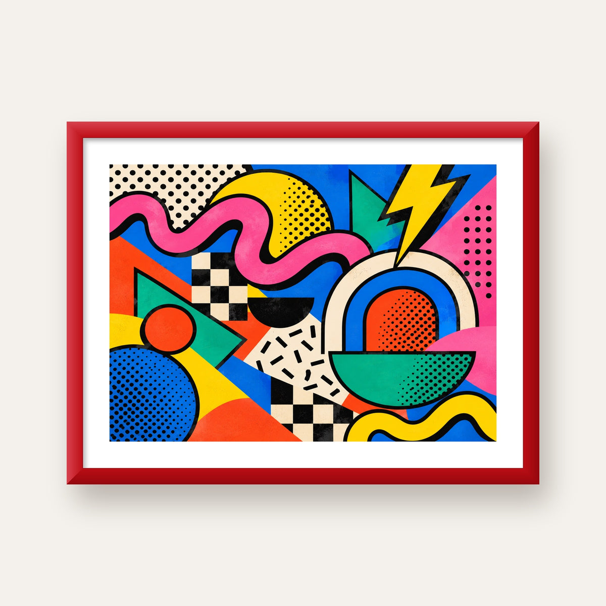 Renkli Geometrik Soyut Desen Pop-Art Poster Baskısı — kırmızı çerçeveli paspartulu