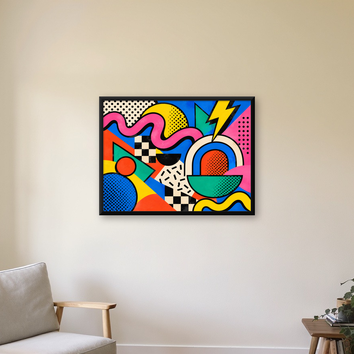 Renkli Geometrik Soyut Desen Pop-Art Poster Baskısı — Yatay baskı, çerçeveli hâliyle bir ev duvarında