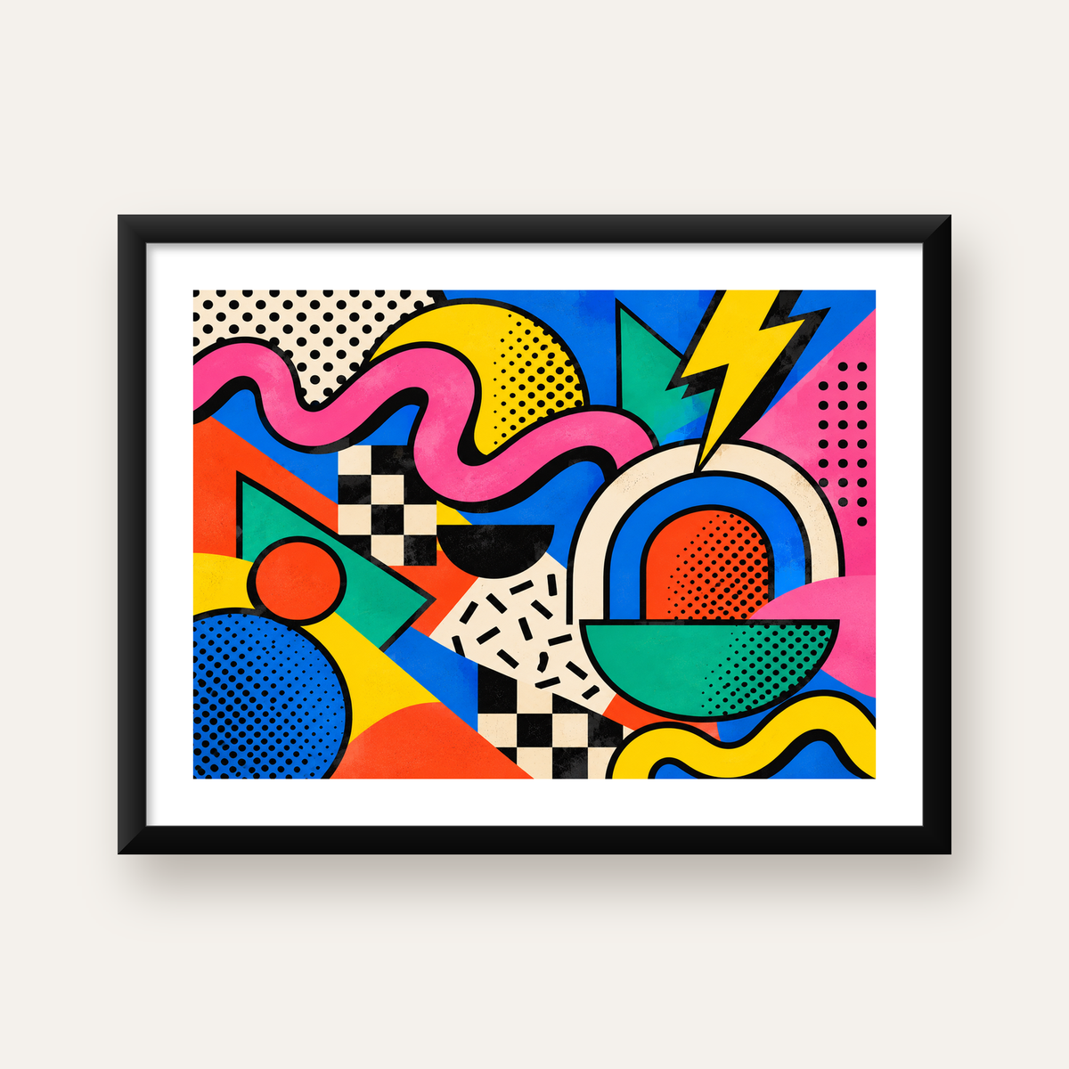 Renkli Geometrik Soyut Desen Pop-Art Poster Baskısı — Yatay baskı, beyaz paspartulu