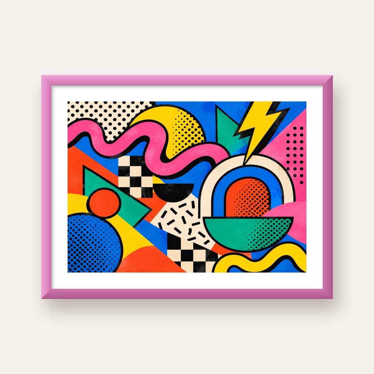 Renkli Geometrik Soyut Desen Pop-Art Poster Baskısı — pembe çerçeveli paspartulu