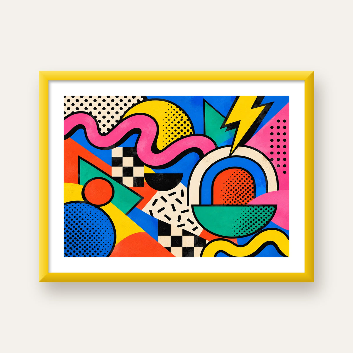 Renkli Geometrik Soyut Desen Pop-Art Poster Baskısı — sarı çerçeveli paspartulu