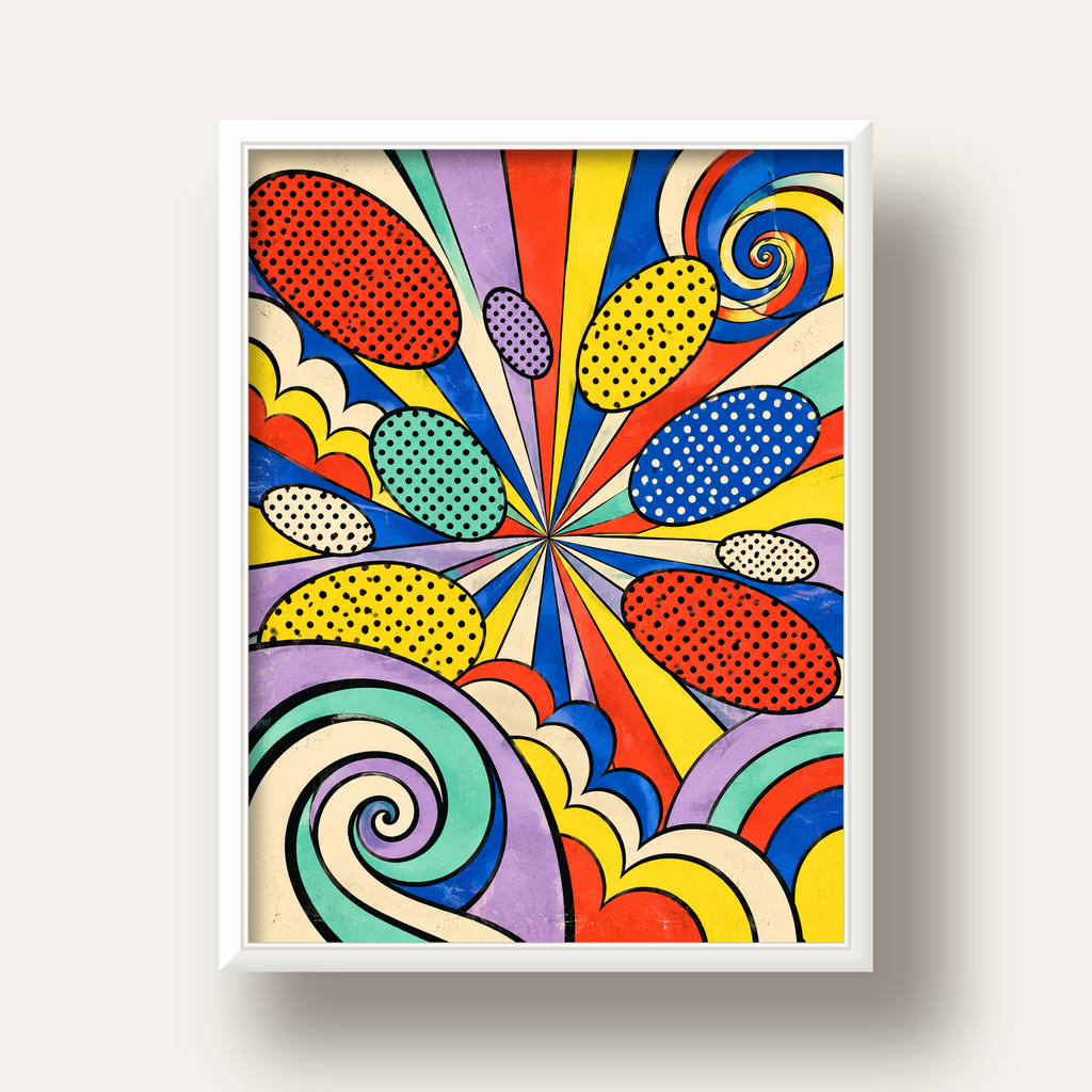 Retro Pop Art Desenli Renkli Patlayan Çizgili Poster — beyaz derin çerçeveli