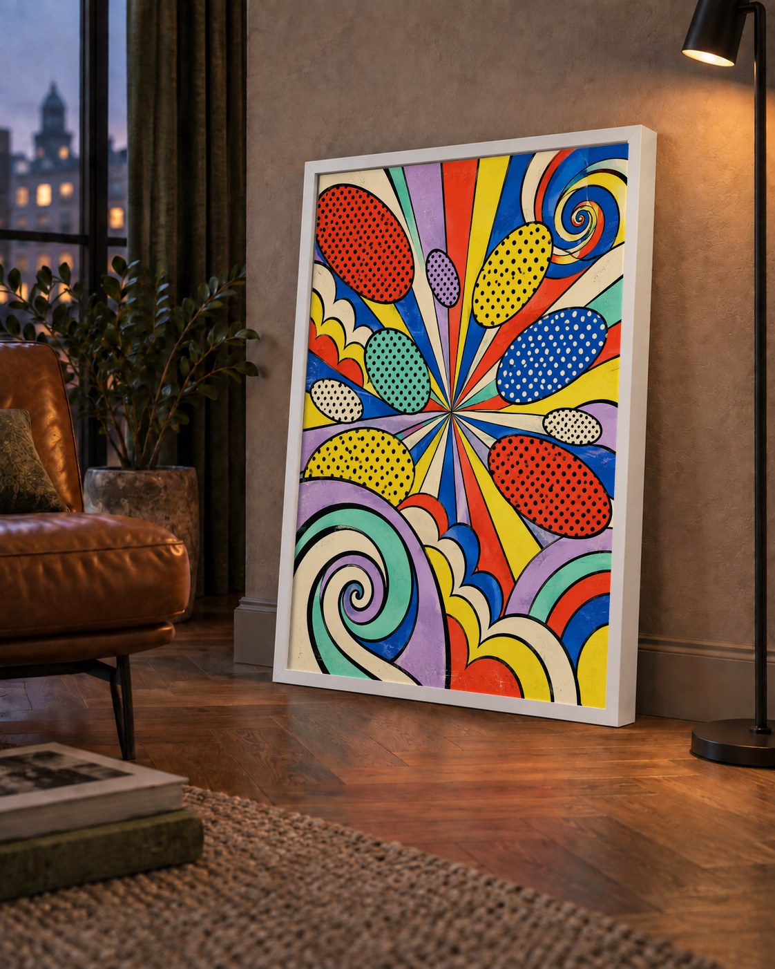 Retro Pop Art Desenli Renkli Patlayan Çizgili Poster — çerçeveli hâliyle bir ev duvarında