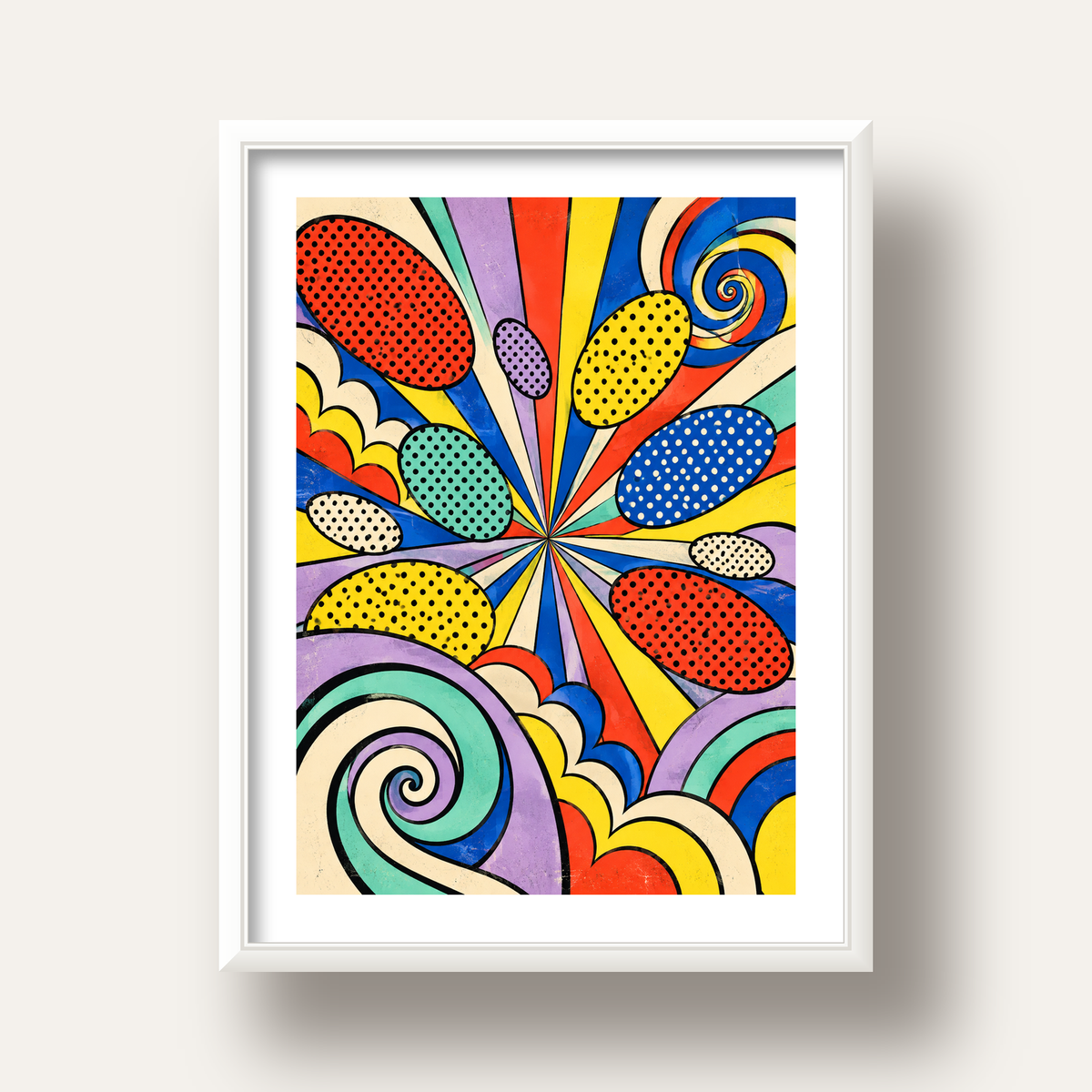 Retro Pop Art Desenli Renkli Patlayan Çizgili Poster — beyaz derin çerçeveli paspartulu
