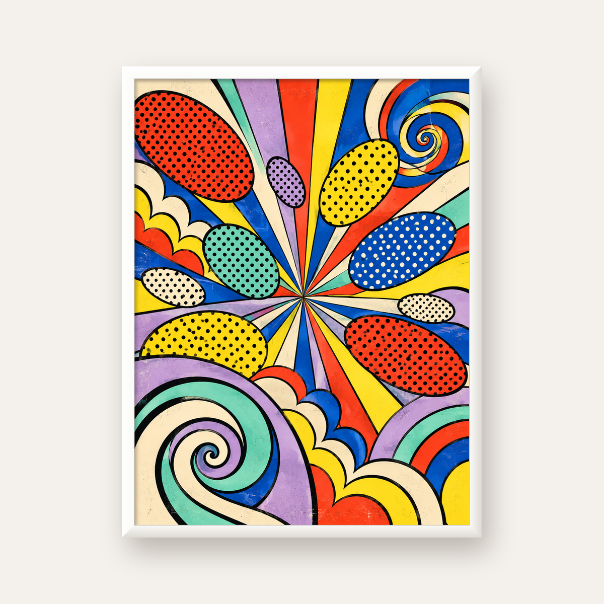 Retro Pop Art Desenli Renkli Patlayan Çizgili Poster — beyaz çerçeveli dikey poster