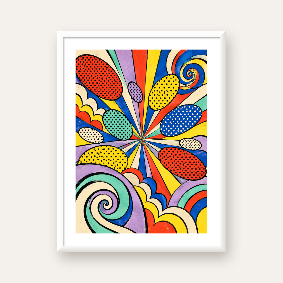 Retro Pop Art Desenli Renkli Patlayan Çizgili Poster — beyaz çerçeveli dikey poster