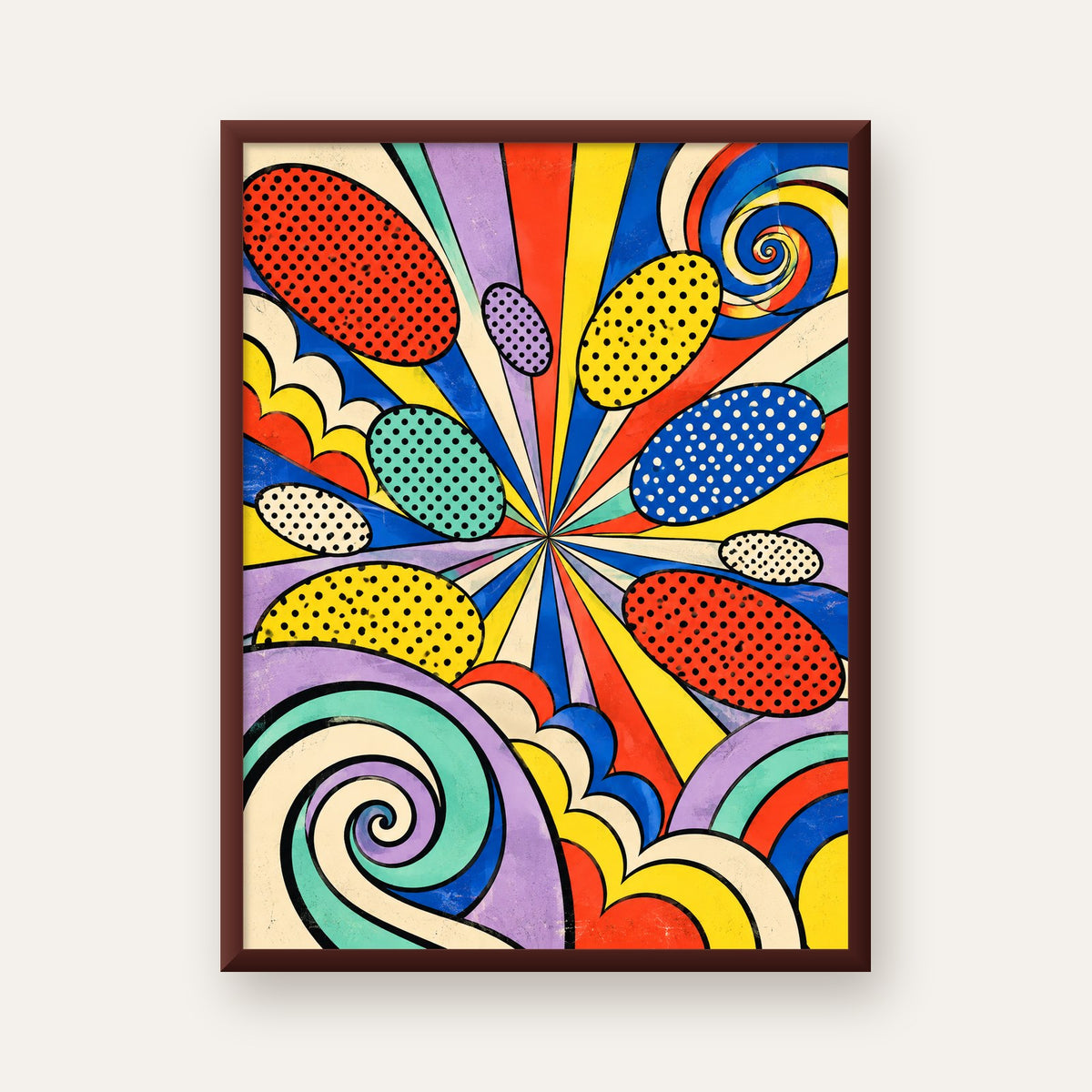 Retro Pop Art Desenli Renkli Patlayan Çizgili Poster — ceviz çerçeveli